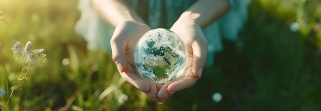 Zwei Hände halten eine symbolische Kugel in der Natur als Zeichen für Schutz der
Erde, Umweltschutz, Klimaschutz und Bewahrung der Schöpfung